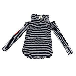 Francesca's Cold Shoulder Heart Elbow Tee Shirt Navy Blue White Stripes XS Jolie